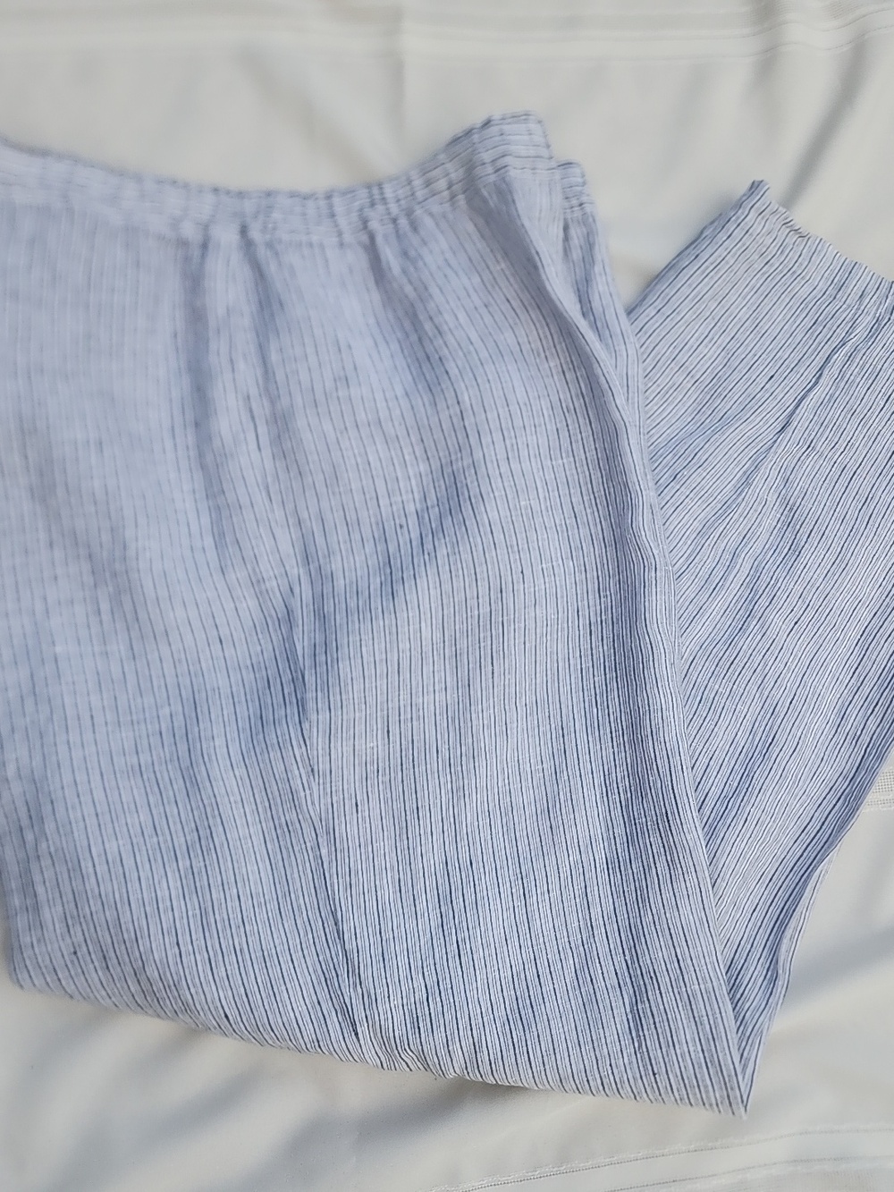 EILEEN FISHER Linen 100% White, Blue, Tan Relaxed Striped Pull On Baggy Pants